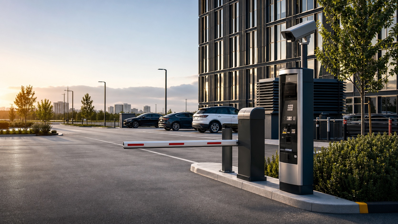 Nowoczesny parking ze szlabanem, terminalem płatniczym i kamerą LPR